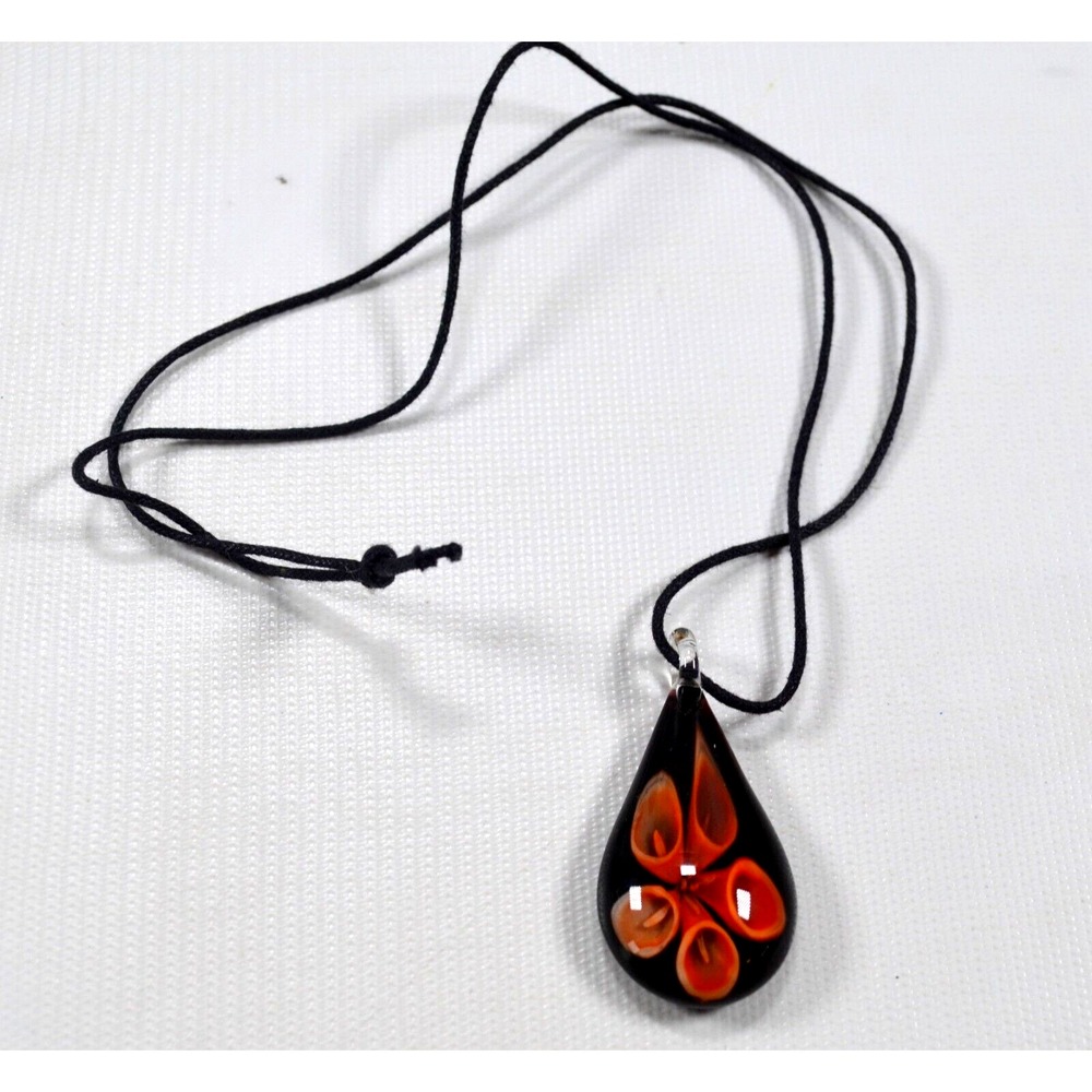 Handblown Glass Teardrop Pendant Cala Lily Design 2" Black & Orange